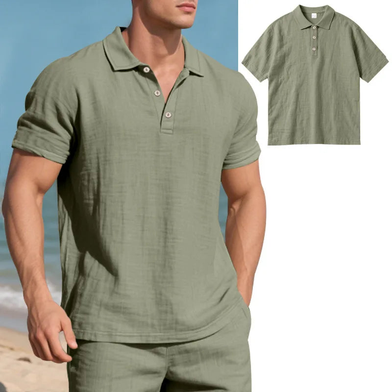 Men s Casual Short Sleeve Linen Shirt with Lapel Collar and Button Detail - Lightweight Summer Top for a Stylish Look