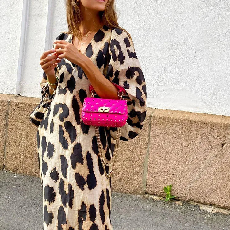 Women Dress New Spring and Summer Fashion V-neck Loose Lantern Sleeve Leopard Print Midi Dresses For Women Robe Femme Streetwear