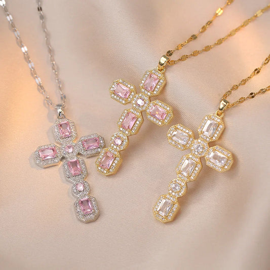 Luxury White Pink Zircon Big Cross Pendants Clavicle Necklaces For Women Stainless Steel Chains Necklace Birthday Party Jewelry