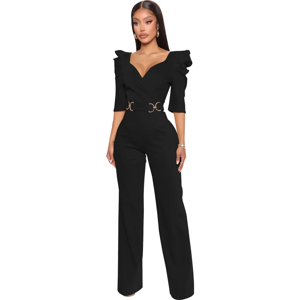 Sexy fashion solid color seven-quarter sleeve V-neck women's jumpsuit SMR10805