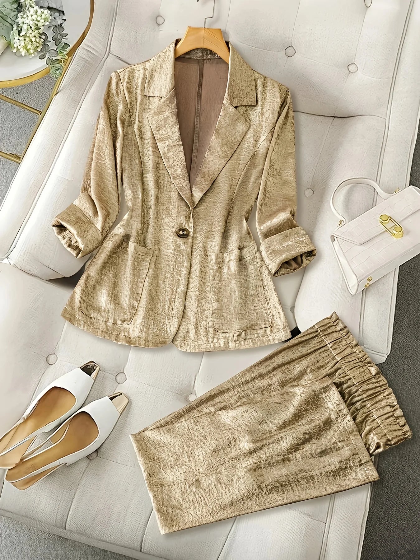 Metallic lapel single button pocket women's suit elegant jacket straight trousers suit, suitable for commuting, office, gatherin