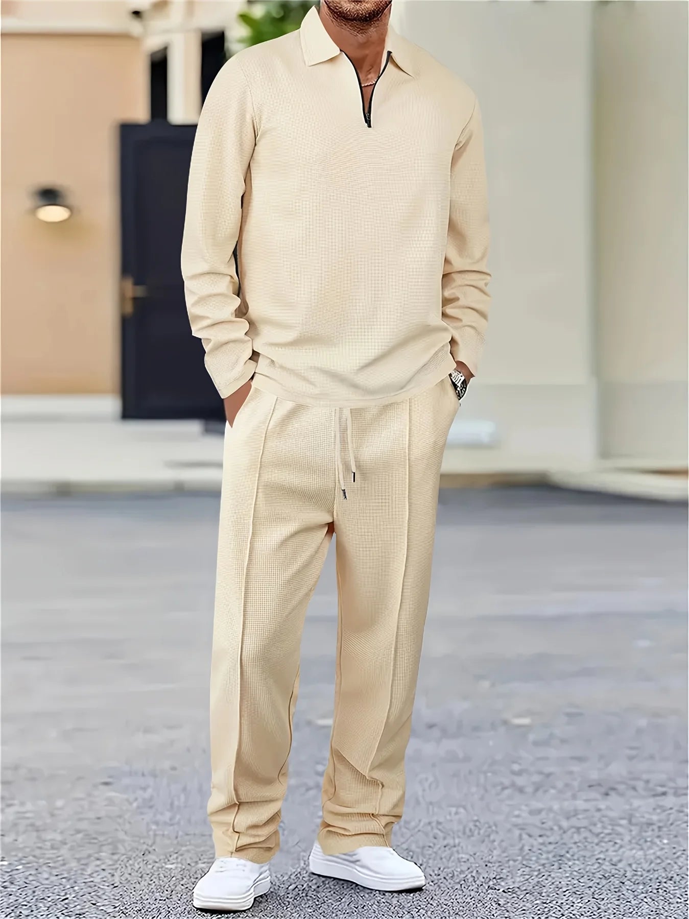 The new men's spring and autumn Waffle long-sleeved and long pants sportswear and casual set is made of comfortable and breatha