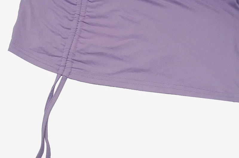 New Dresses 2025 Woman Fashion Summer High-neck Purple Long-sleeved Pleated Tie-up Dress Skirt Women's Clothing