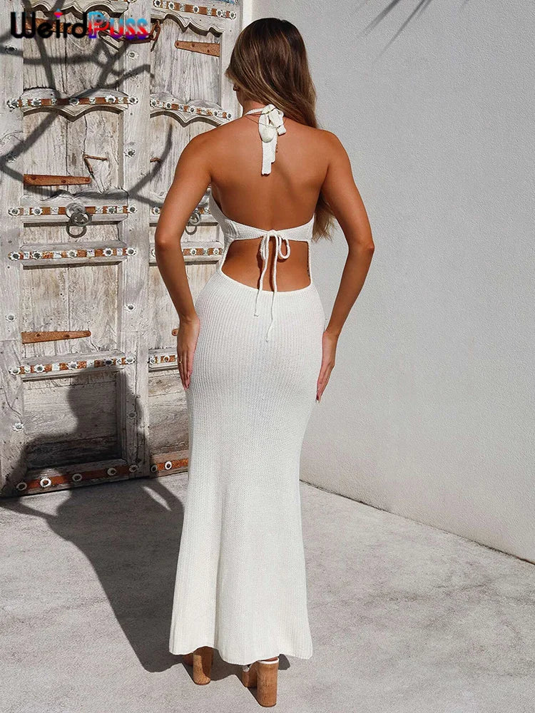 Weird Puss Crochet Sheer Women Dress Halter V Neck Backless Bandage Elastic Sheath Sexy Robe 2024 Summer Vacation Dating Bodycon