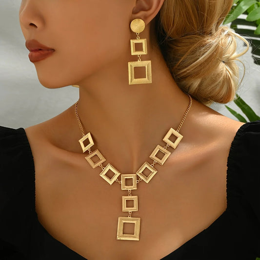Lxalry 14K Gold Geometric Set, Electroplated Necklace & Earrings, Hypoallergenic 316L, Gift For Everyday Chic To Evening Glamour