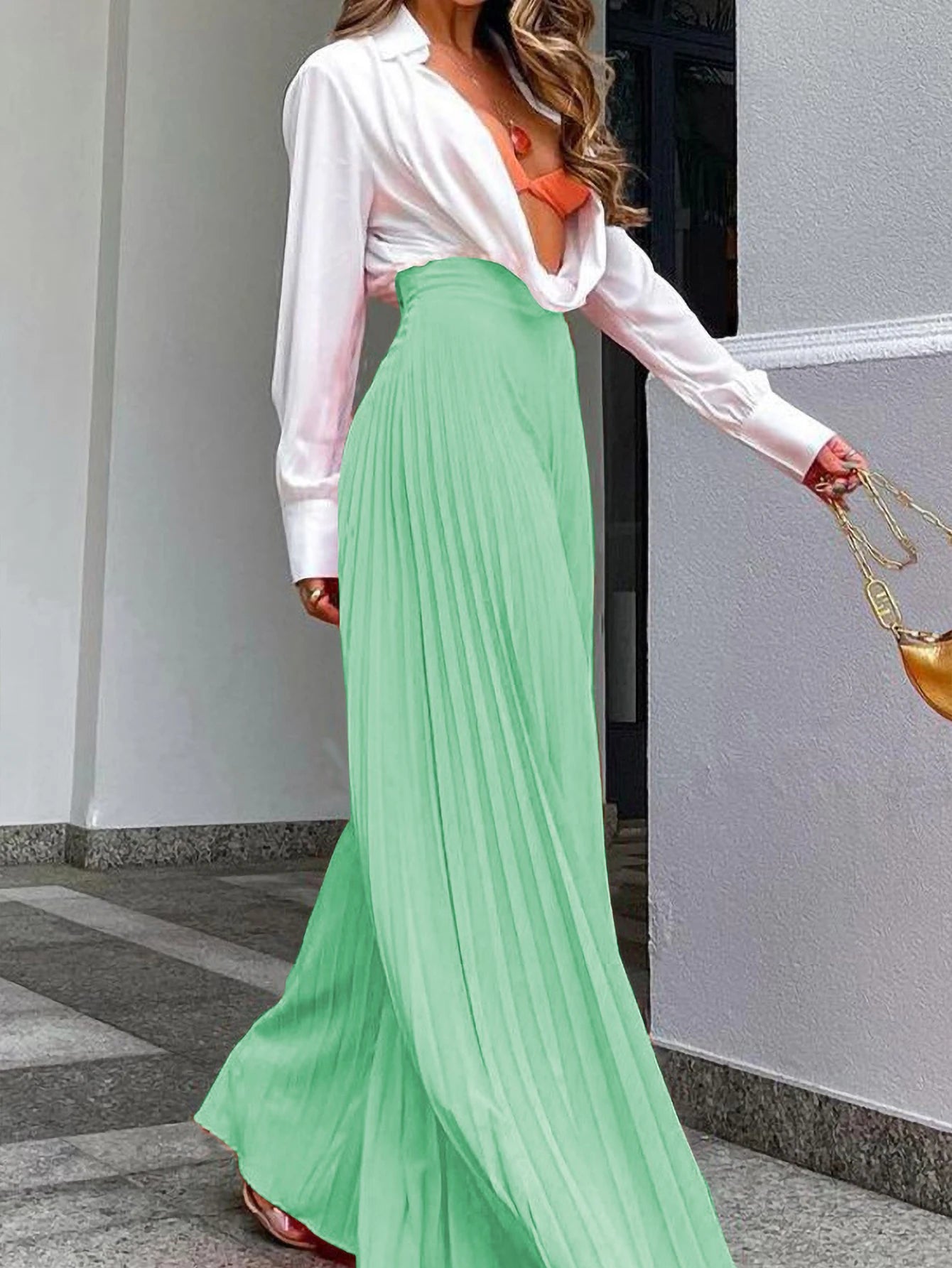 Elegant style Solid color Pleated Zipper PantsMint Green Pants