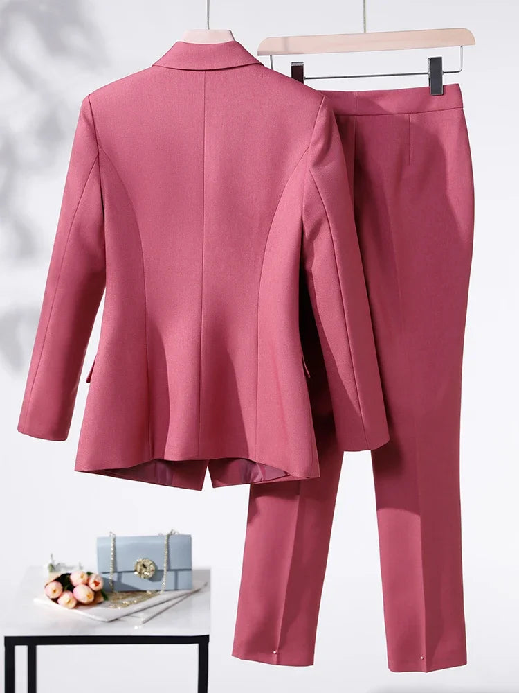 Women Formal Pant Suit 2023 New in Red Black Blue Office Apricot Office Ladies Work Female Blazer Jacket and Trouser 2 Piece Set