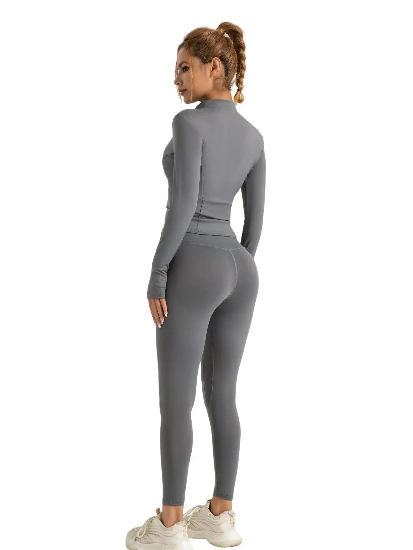 Fitfemme Two-piece Set Women's Solid Zip UpMock Neck Sports Jacket & HighWaist Leggings Set, SportyBreathable Quick Drying
