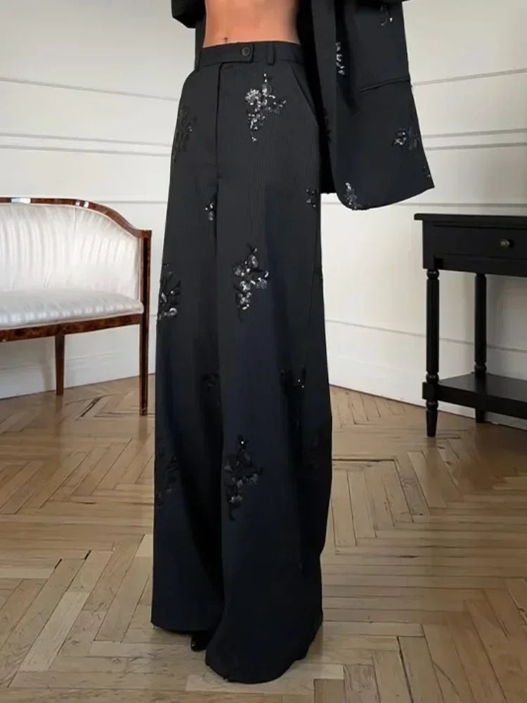 Women Black Floral Print Sequin Embroidery Two-piece Pant Suit Oversized Blazer Wide Leg Pants Formal Evening Matching Outfit