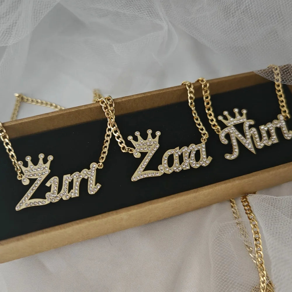 LeeChee Rhinestone Crown Custom Name Necklace Personalized Pendant Nameplate Girls Party Gift