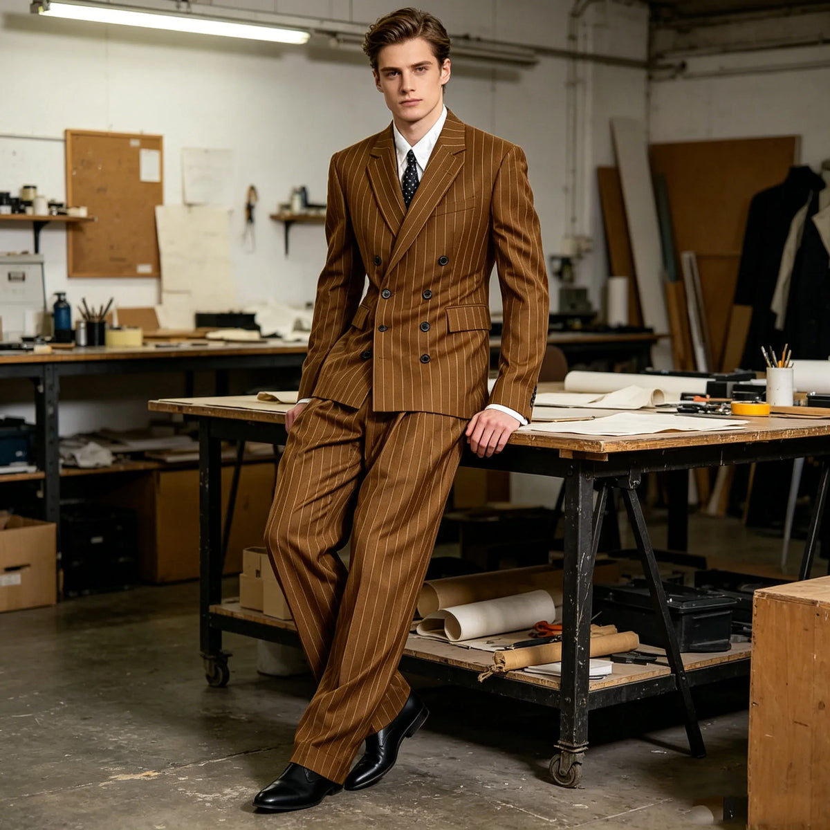 Men's Brown Pinstripe Suit 2 Piece Double Breasted Slim Fit Notch Lapel Jacket Wide Leg Pants Formal Set Business Wedding Outfit