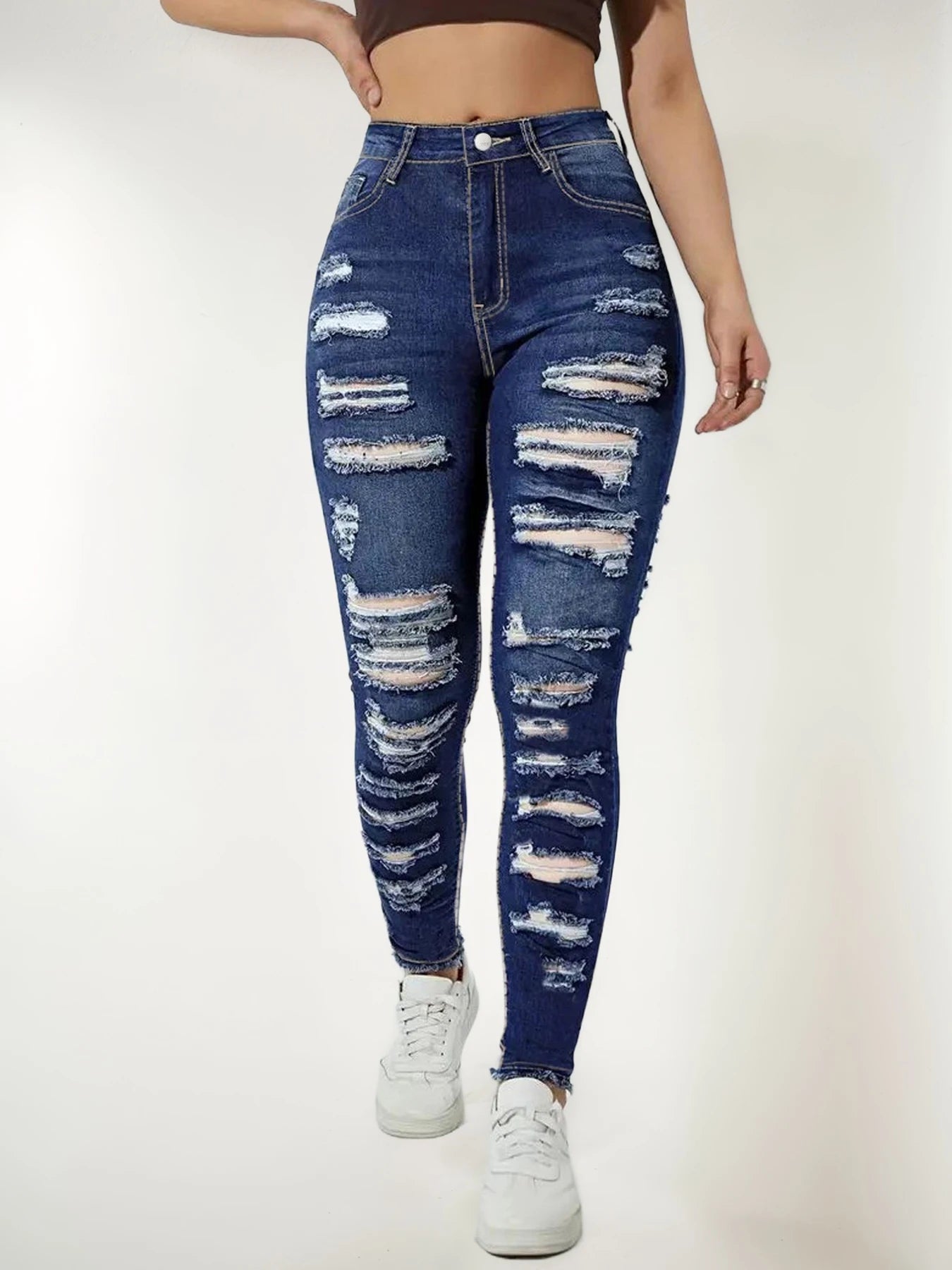 2025 New Women's High Waisted Elastic Perforated Slim Fit Jeans, Fashionable Street Style, Comfortable Casual Jeans
