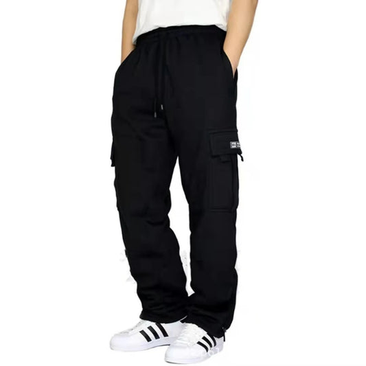 Men's Stretch Elastic Waist Jogger Sweatpants - Black with Multiple Utility Pockets, Drawstring Closure & Side Stripes