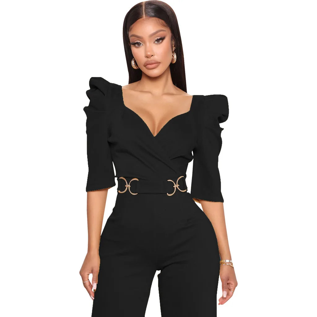 Sexy fashion solid color seven-quarter sleeve V-neck women's jumpsuit SMR10805