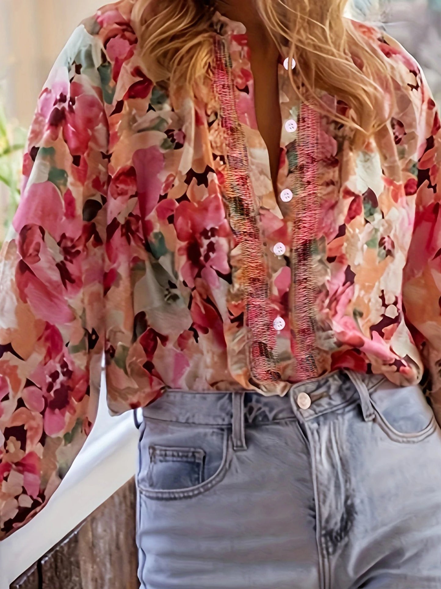 Women s Long Sleeve Round Neck Ruffle Trim Button Down Floral Blouse Loose Casual Top Streetwear Fashion Trend