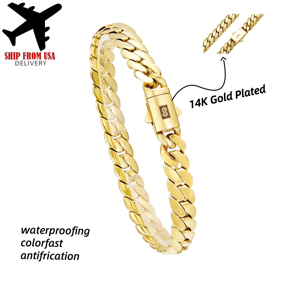 8mm Gold Color Stainless Steel Cuban Miami Link Chains Bracelet for Men Hip Hop Rapper Jewelry