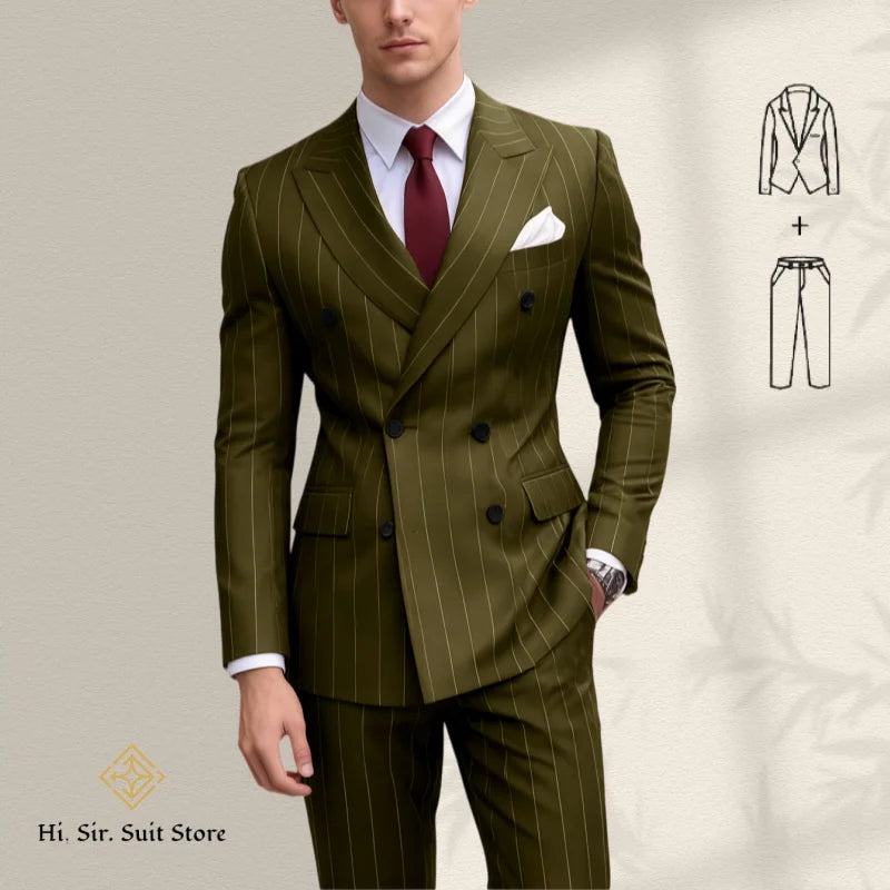 Men's 2-Piece Suit Plus Size Blazer European & American Fashion Striped Double-Breasted Suit Custom-Made Small Batch Blue Jacket