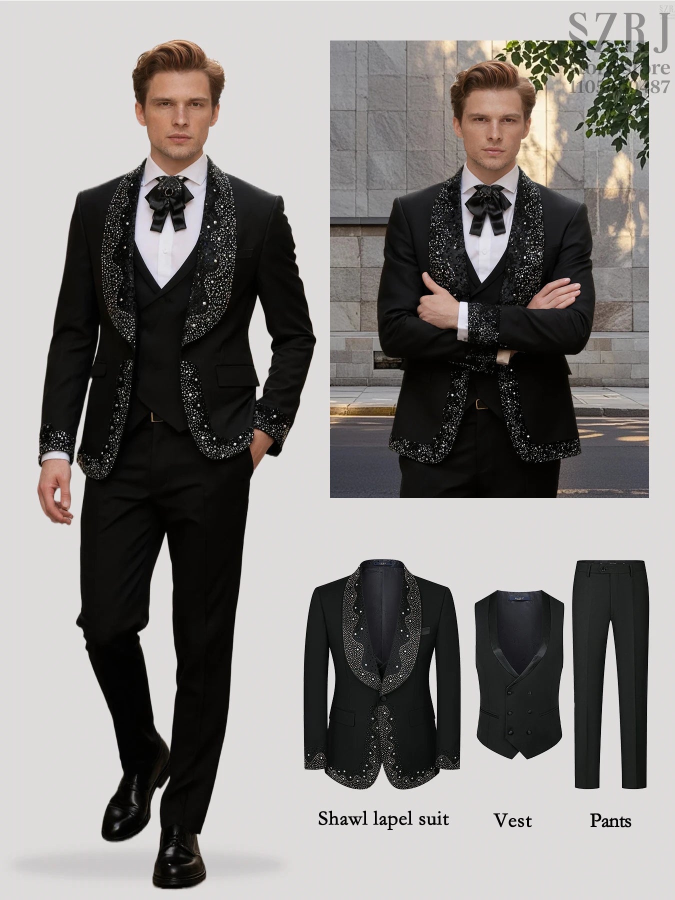 Men's 3 - Piece Suit Set, Featuring Decorative Lapel Design, Includes Jacket, Vest & Pants, Ideal for Formal Occasions,Wedding