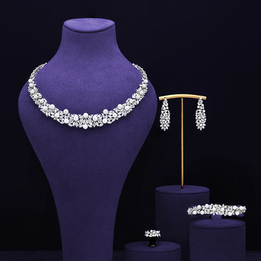 Fashion Pearls Zirconia Necklace Jewelry Set Luxury Dubai UAE Bridal Party Jewelry Set for Women Bride Gift