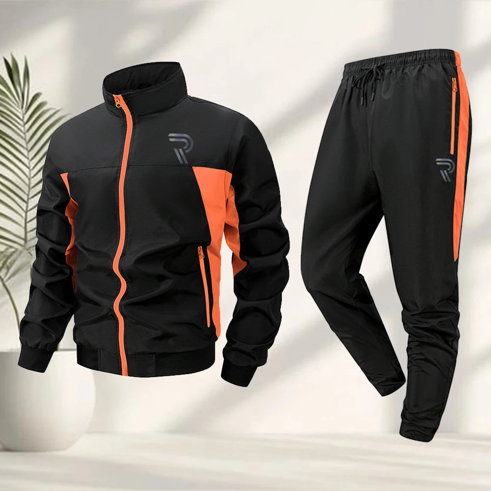 Men's Fashion R Icon Print Tracksuit Zipper Jacket And Drawstring Sweatpants Summer Outdoor Casual Fitness Training Apparel