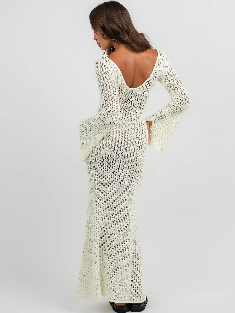 Women s Long Fit Dress Long Sleeve V Neck Tie Up Knitted Crochet Beach Dresses
