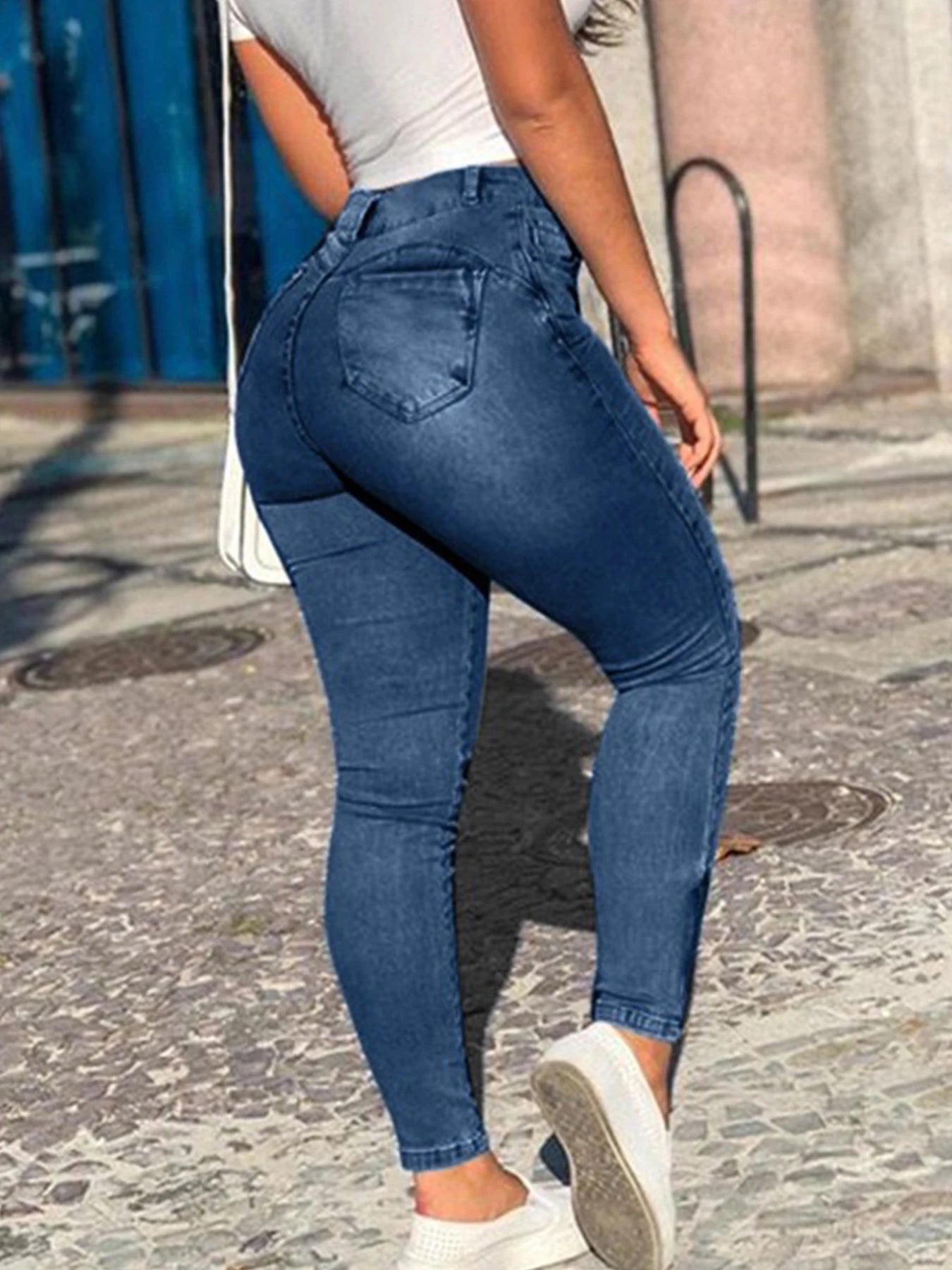 Women's elastic mid waist zipper hem tight jeans pencil pants, multi pocket fashionable casual denim work pants, suitable for al