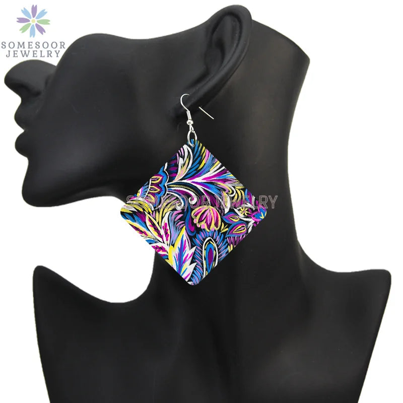 SOMESOOR Seamless Floral Afro Fabric Square Wooden Drop Earrings Blue Peonies Flowers Bohemian African Art Women Dangle Jewelry