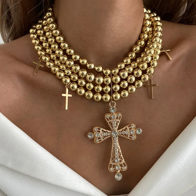Light Luxury Style Diamond-encrusted Cross Multi-layer Necklace, Personality Exaggerated Temperament Round Bead Beaded Item