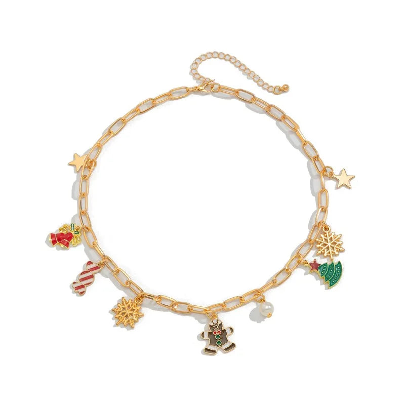 Christmas Fashion Bell Christmas Tree Necklace, Light Luxury Metal Collarbone Chain Set