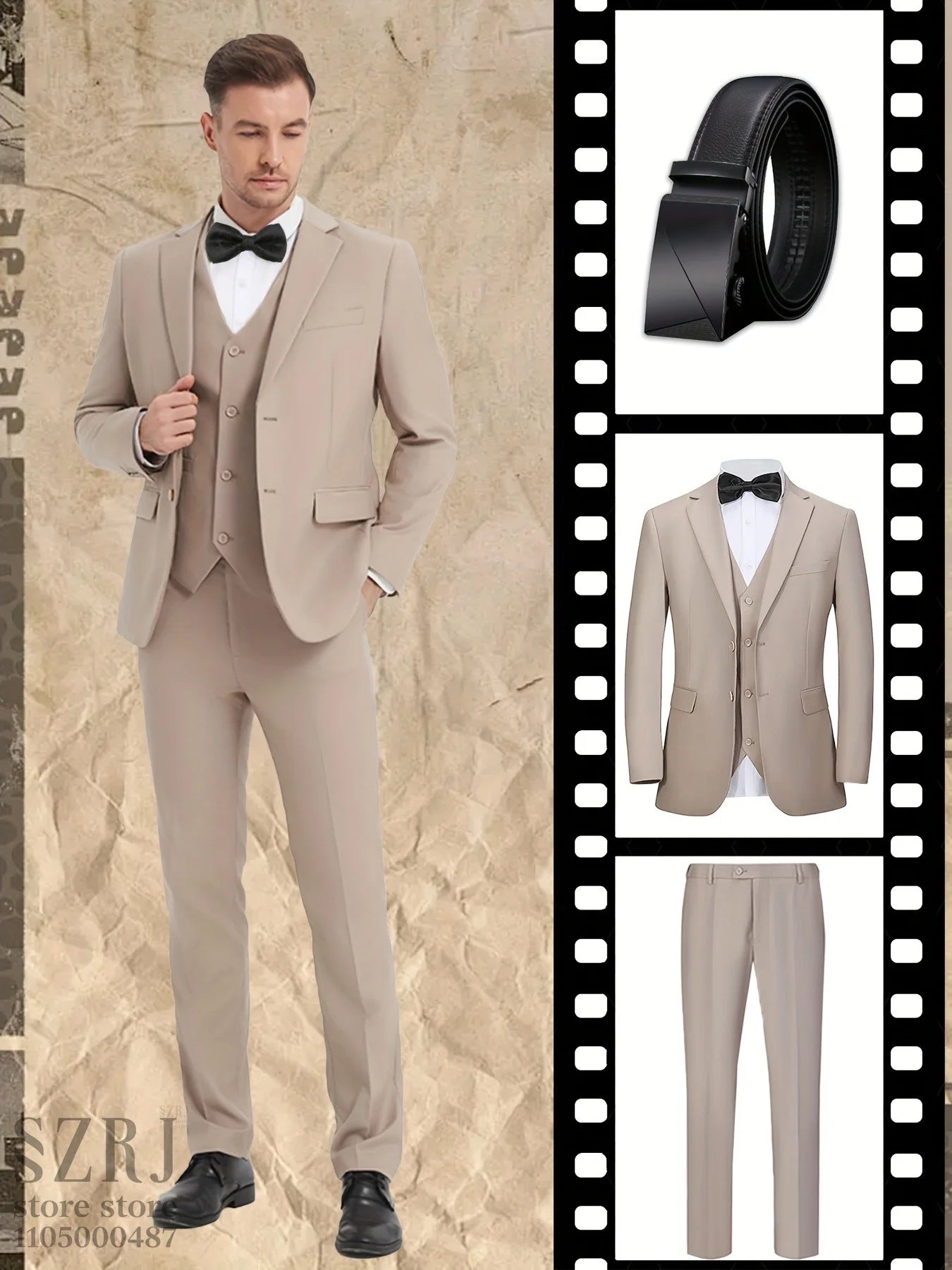 4pcs Men's Formal Suit Set: Tuxedo, Vest, Pants, Belt with .Classic Elegant Attire for Business, Party, Banquet, Job Interview