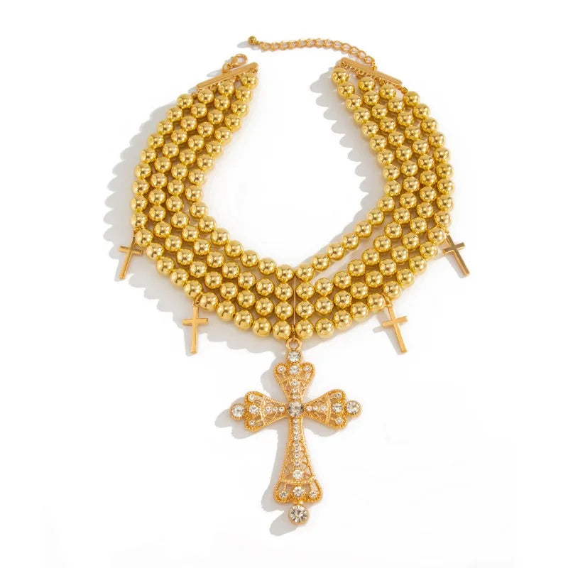 Light Luxury Style Diamond-encrusted Cross Multi-layer Necklace, Personality Exaggerated Temperament Round Bead Beaded Item