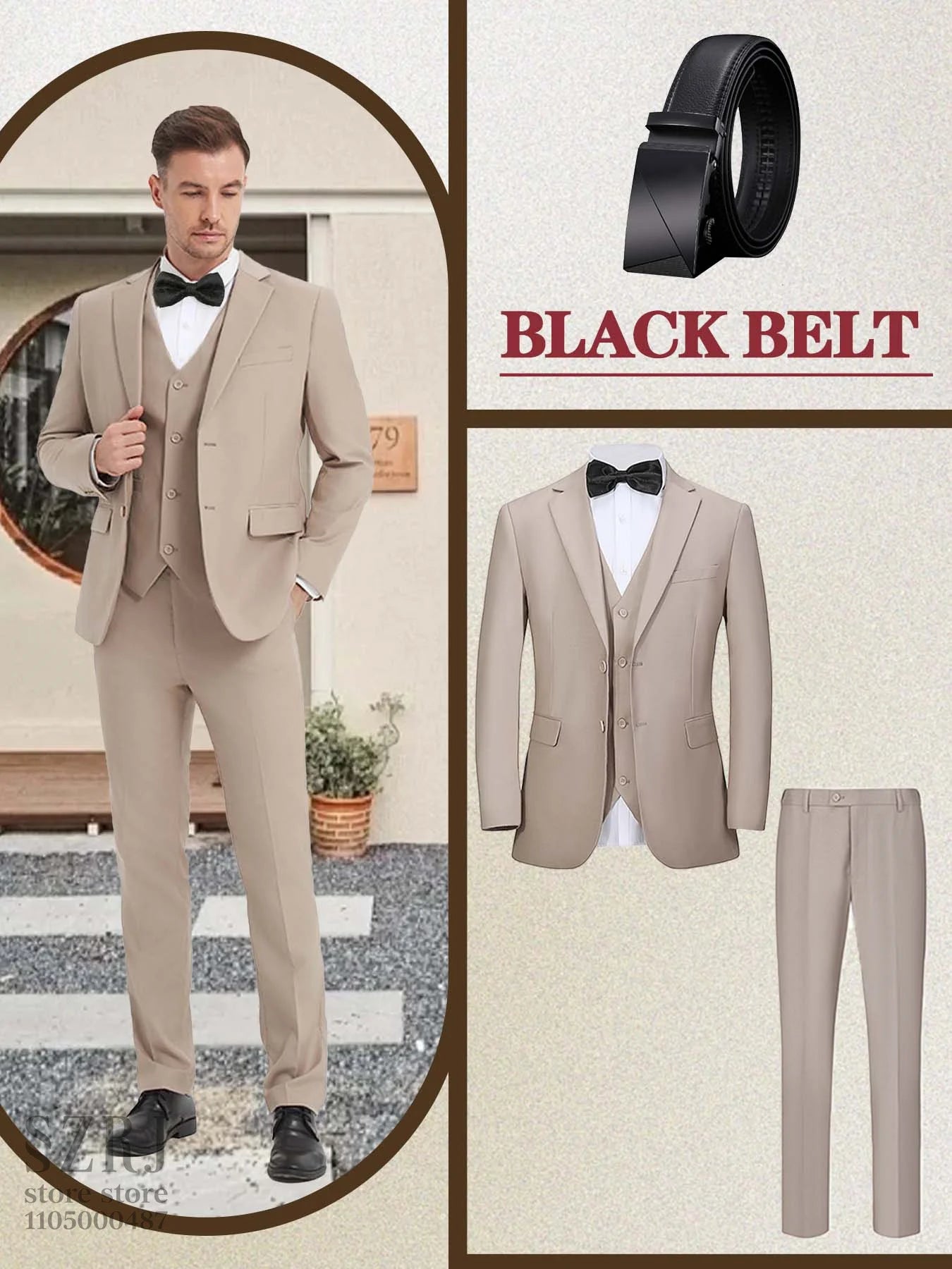 4pcs Men's Formal Suit Set: Tuxedo, Vest, Pants, Belt with .Classic Elegant Attire for Business, Party, Banquet, Job Interview