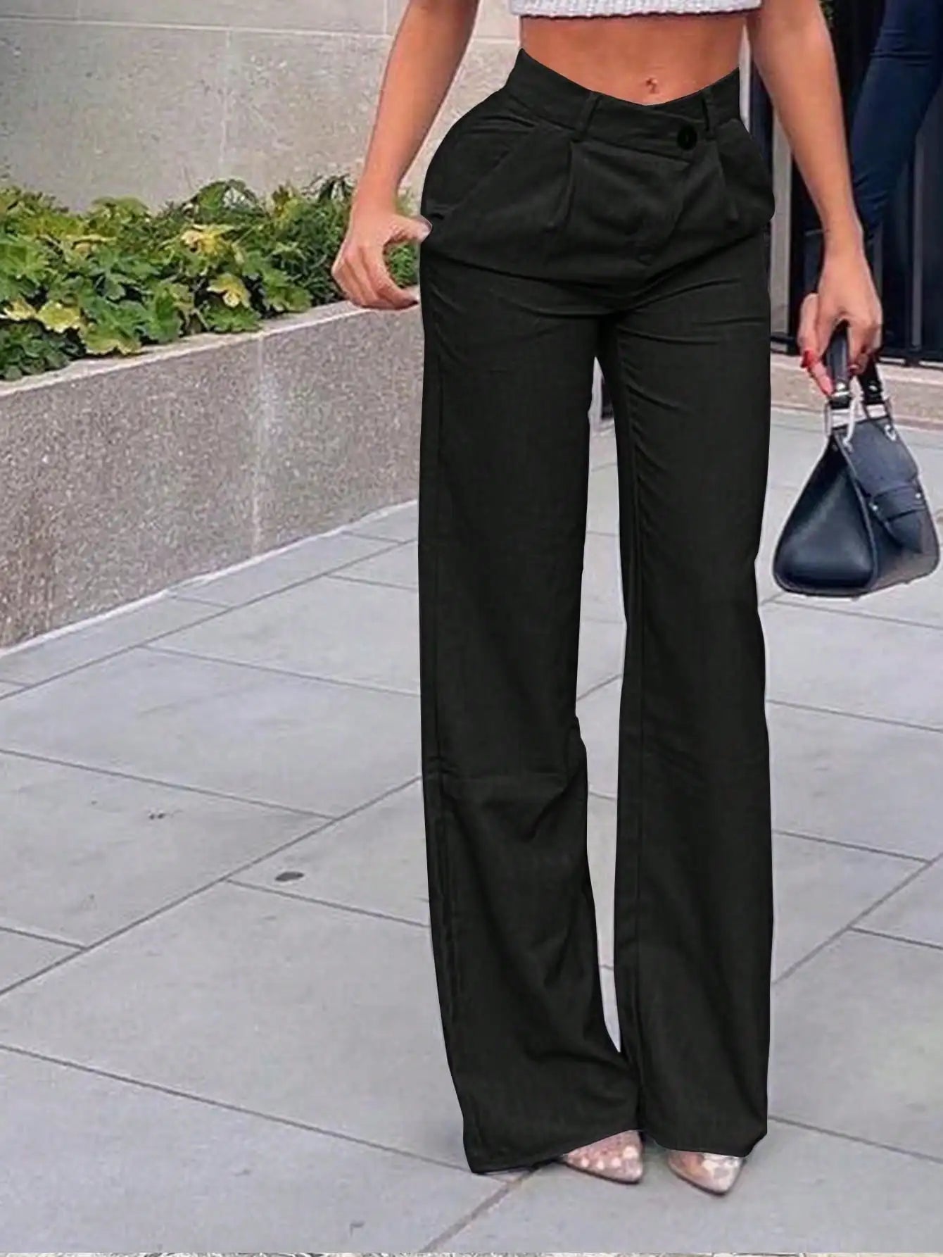 2025 Newest Women's Straight Leg Pants Casual Work Pants Cross High Waist Pants with Pockets New Year's Warmth
