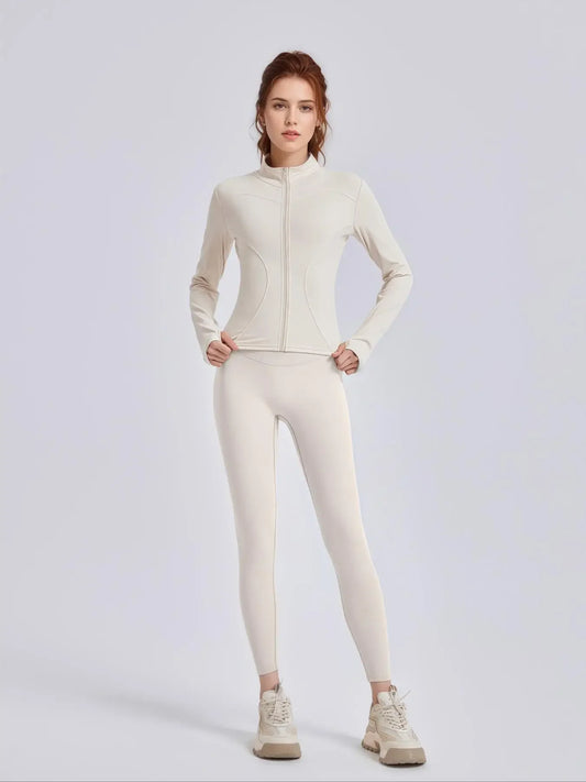 Fitfemme Two-piece Set Women's Solid Zip UpMock Neck Sports Jacket & HighWaist Leggings Set, SportyBreathable Quick Drying