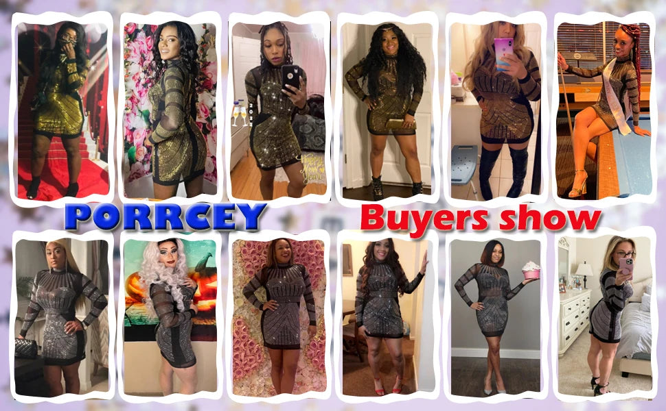 Women's Hot Drilling Craft Sexy Long Sleeve Mesh See Through Sequined Party Club Night Rhinestone Dress