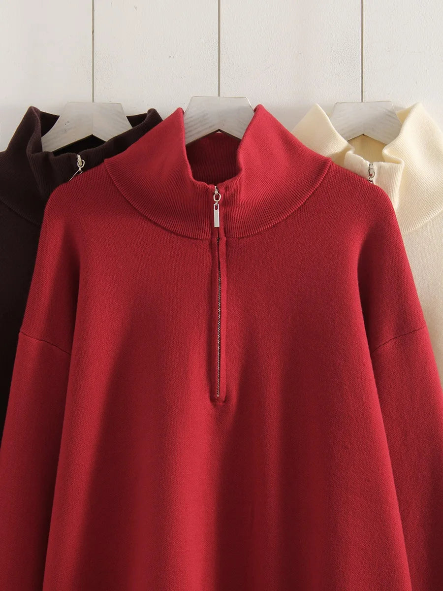 Red Zip Up Sweater Women Brown Oversized Winter Autumn Pullovers Half Zip Thick White Turtleneck Sweater With Zipper Women Warm