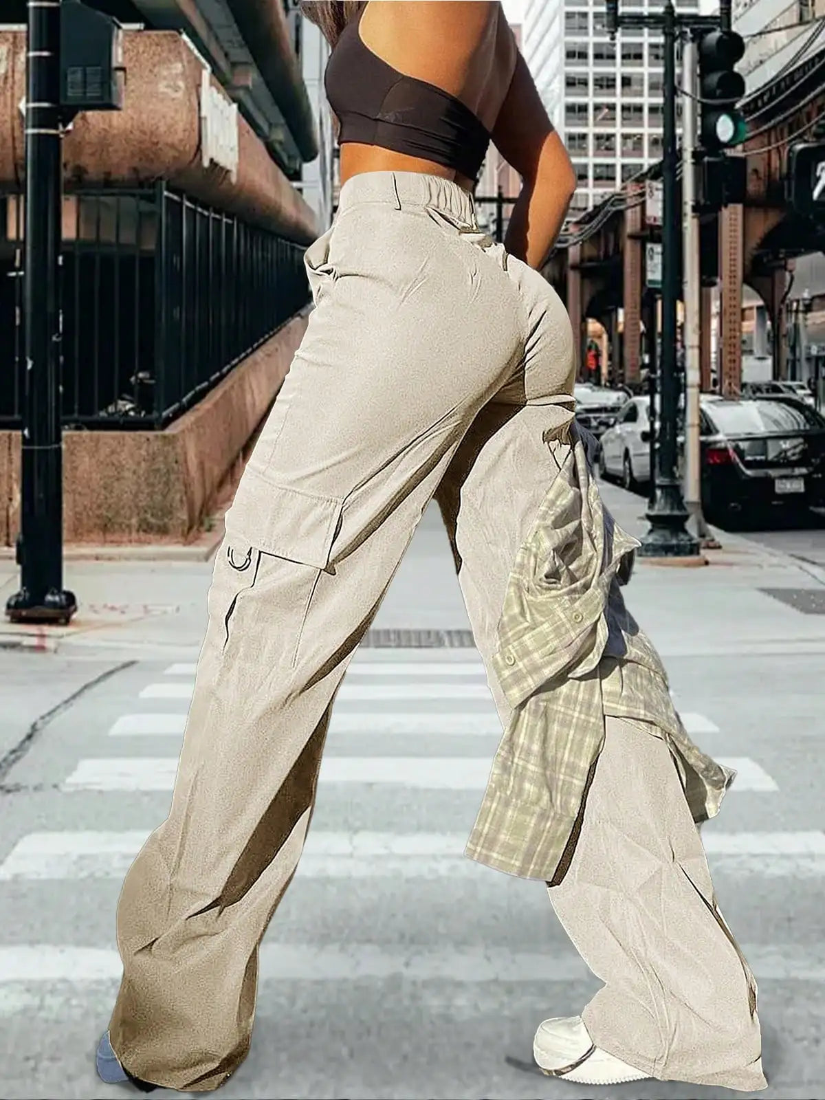 2025 Newest Women's High-Waisted Cargo Pants Y2K Loose Stretch Straight Wide Leg Pants with Pocket Casual Work Pants Streetwear