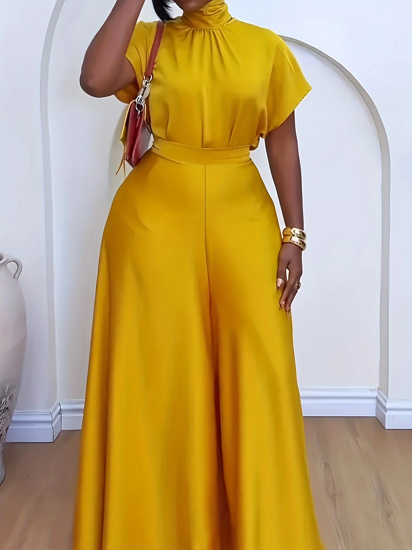 Yellow Turtleneck Short-sleeved Knotted Top with Wide-leg Pants Vacation Two-piece Trousers Suit