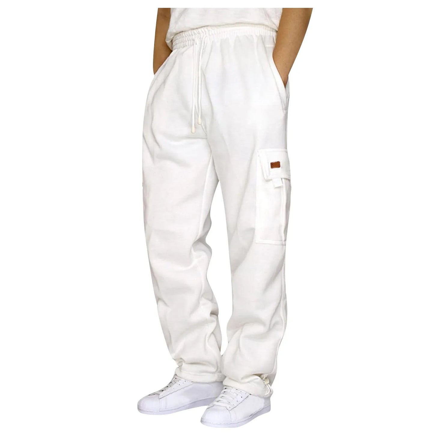 New Pants Male Fitness Running Trousers Drawstring Loose Waist Solid Color Pocket Loose Fleece Work Attire Leisure Sports