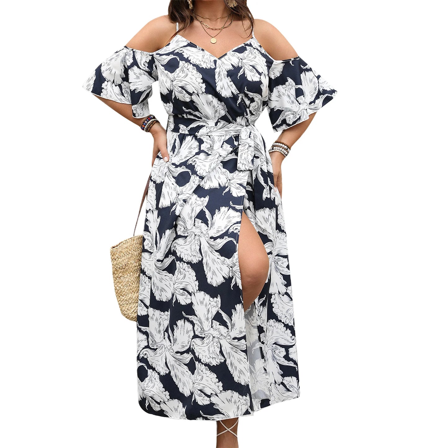 Women Plus Size Floral Print Maxi Dress with Ruffle Sleeves and V Neckline Elegant Belted Long Dress with High Side Split