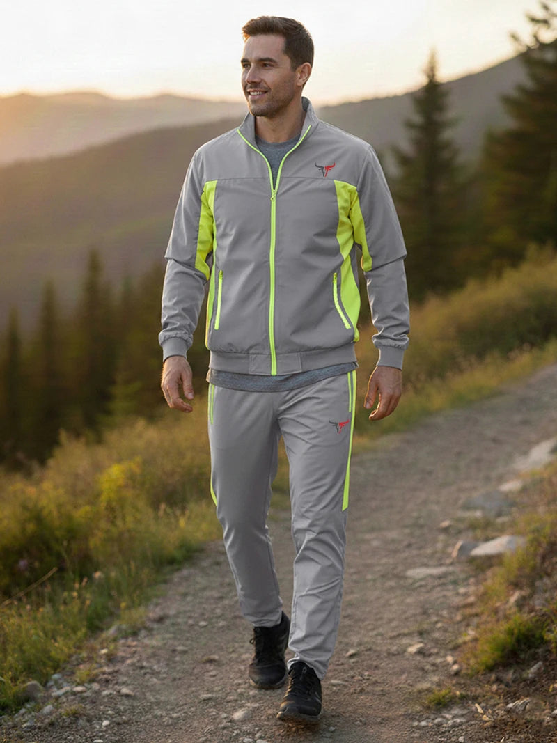Bull Print Colorblock Sports Set for Men Outdoor Stand Collar Zip Up Jacket Coat Outwear Tops Pants Trousers with Zipper Pockets