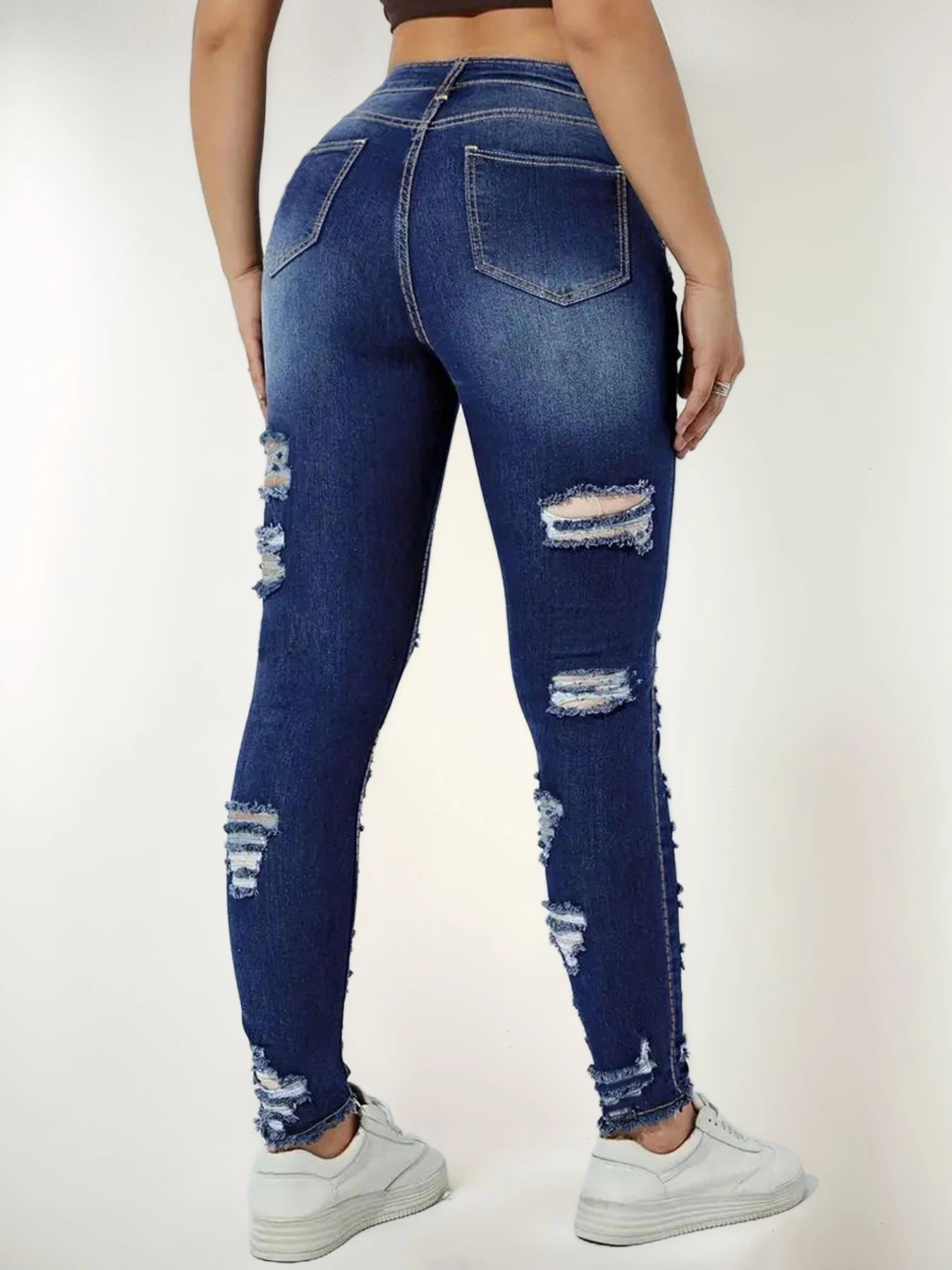 2025 New Women's High Waisted Elastic Perforated Slim Fit Jeans, Fashionable Street Style, Comfortable Casual Jeans