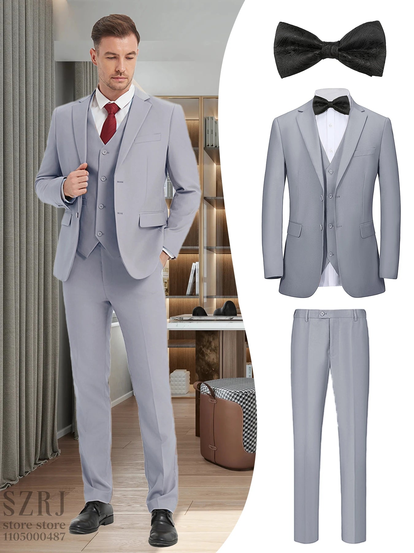 British Style Men's Suit Set (Jacket+Vest+Pants+Bow Tie) - Slim, Elegant, Multi-Occasion