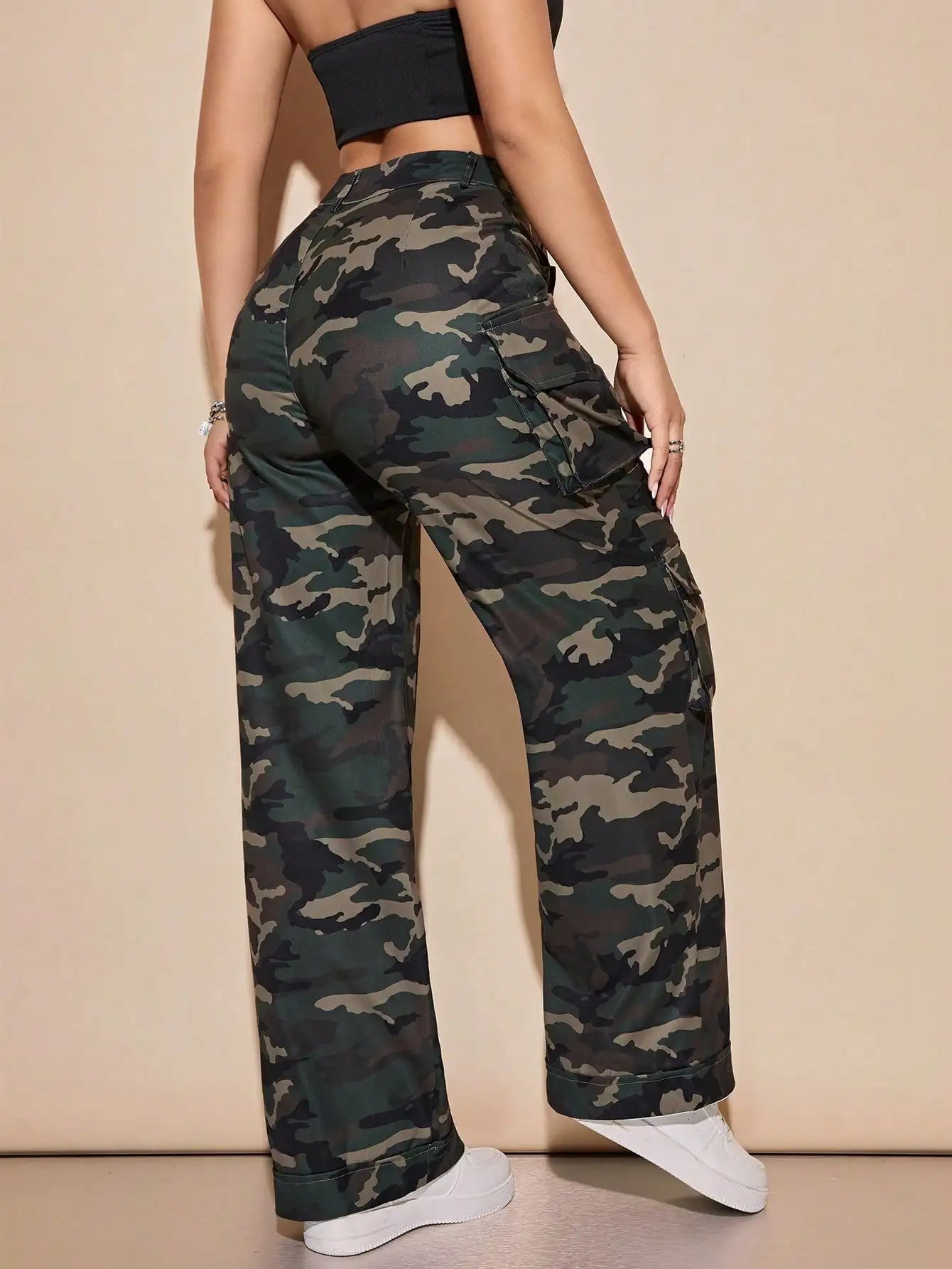 2025 Newest Camouflage Cargo Pants Women's High Waist Wide Leg Pants Loose Pants with Flat Pockets