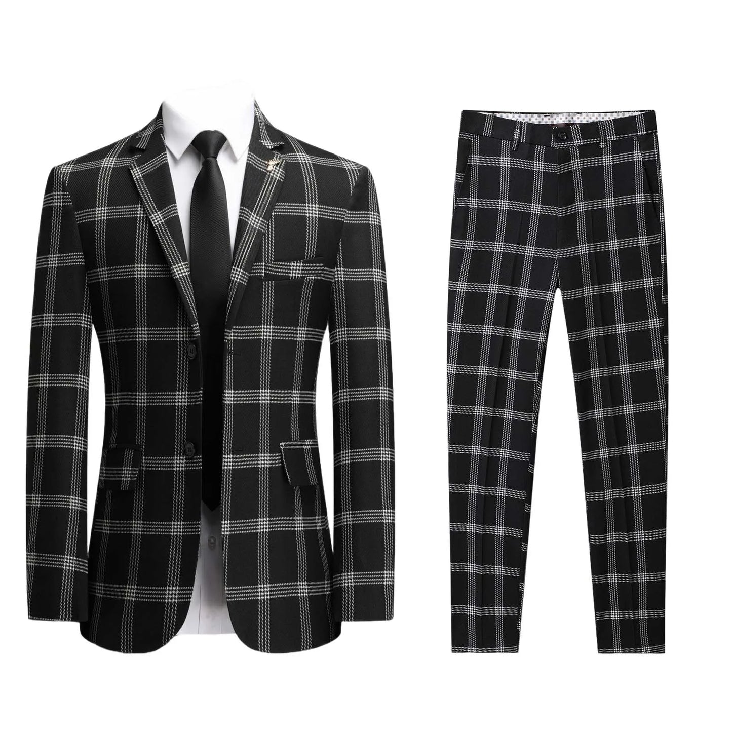 Men's Plaid Suit, Slim Fit Polyester Blend Long Sleeve Tuxedo with Chest Pocket, Machine Washable