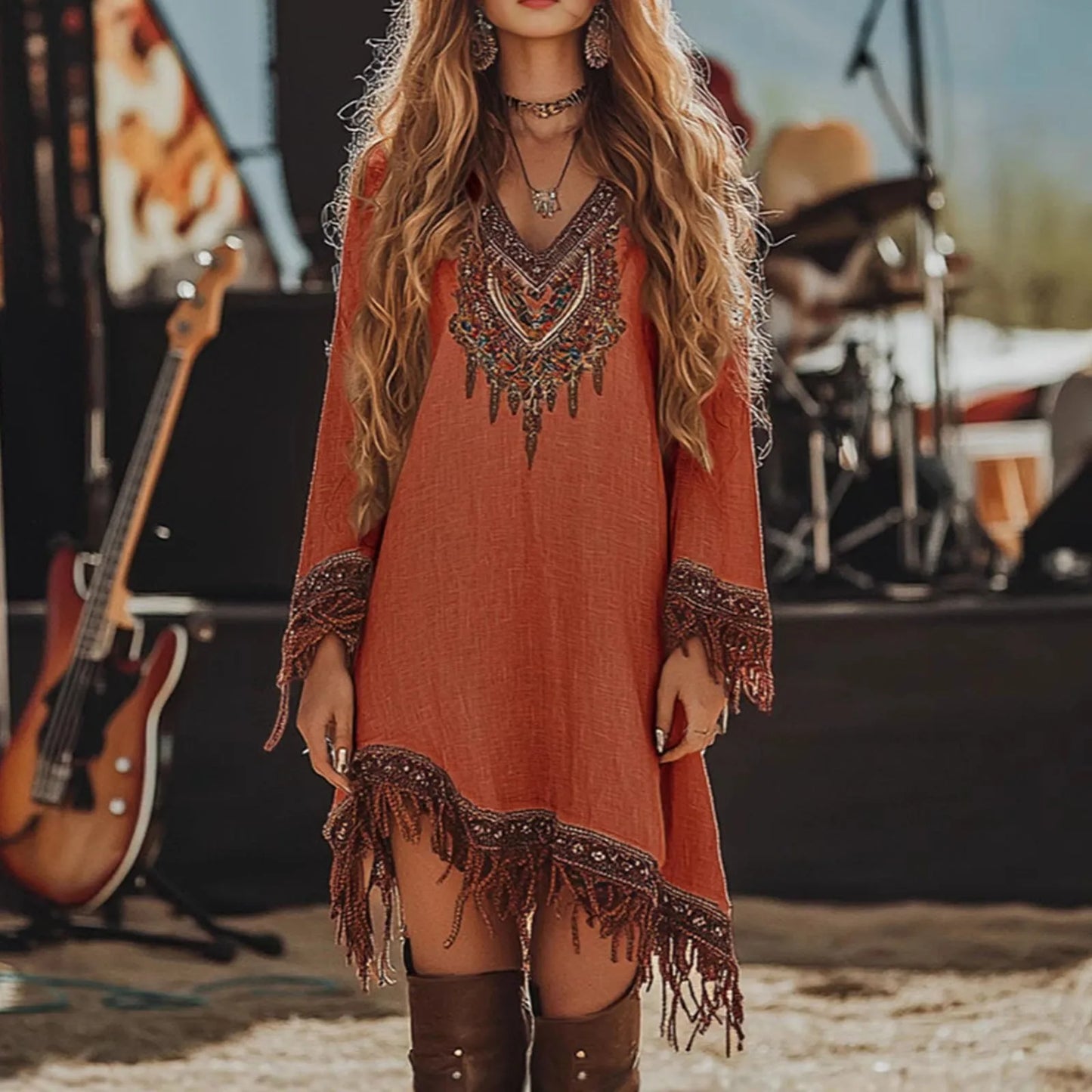 Womens Summer Dress Fashion Casual Fit Flowy Lace Loose Print Long Sleeve V Neck Dress Elegant Women'S Dresses Vestidos De Mujer