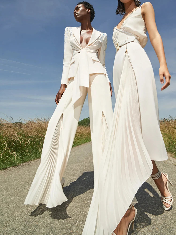 HIGH QUALITY Newest Fashion 2026 Designer Runway Suit Set Women's Belted Blazer Jacket Wide Leg Pleated Pants Set Two pieces