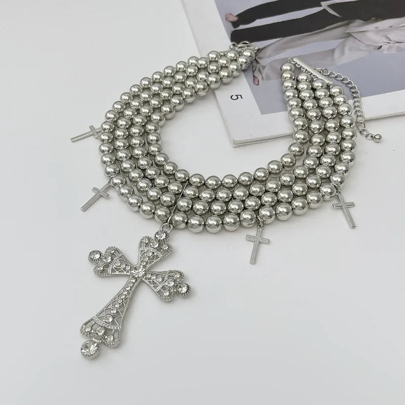 Light Luxury Style Diamond-encrusted Cross Multi-layer Necklace, Personality Exaggerated Temperament Round Bead Beaded Item