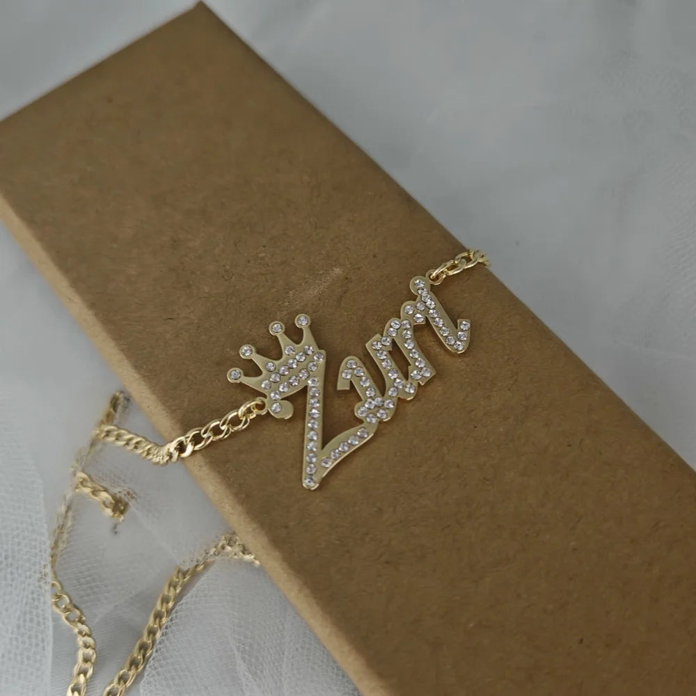 LeeChee Rhinestone Crown Custom Name Necklace Personalized Pendant Nameplate Girls Party Gift