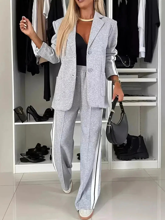 Women's Elegant Side Striped Two-Piece Suit Set, Single Breasted Long Sleeved Lapel Suit Jacket and High Waisted Straight Leg Wi